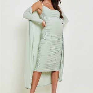 BOOHOO MATERNITY STRAPPY COWL NECK DRESS AND DUSTER